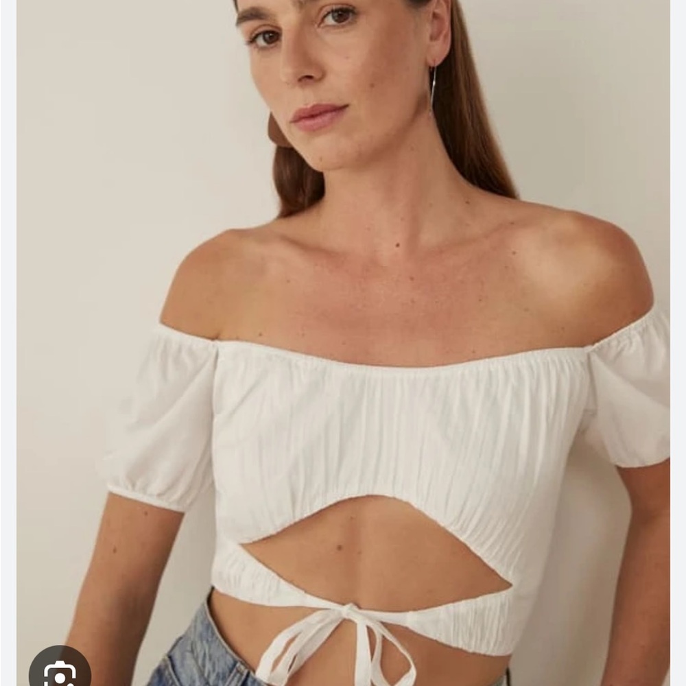 Reformation White Off-Shoulder Tie-Front Top